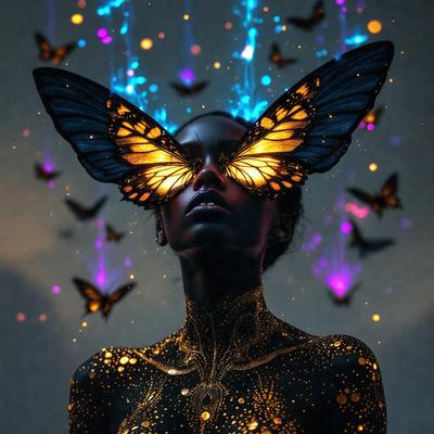 The primary subject of the image is a woman with a unique and eye-catching appearance. She is wearing a headpiece that features a butterfly design, and her eyes are adorned with butterfly-shaped glasses. The setting is a room with a backdrop of a purple sky, which adds to the overall atmosphere of the image. The visual style of the image is a combination of digital art and illustration, creating a striking and memorable scene. The colors used in the image are predomin